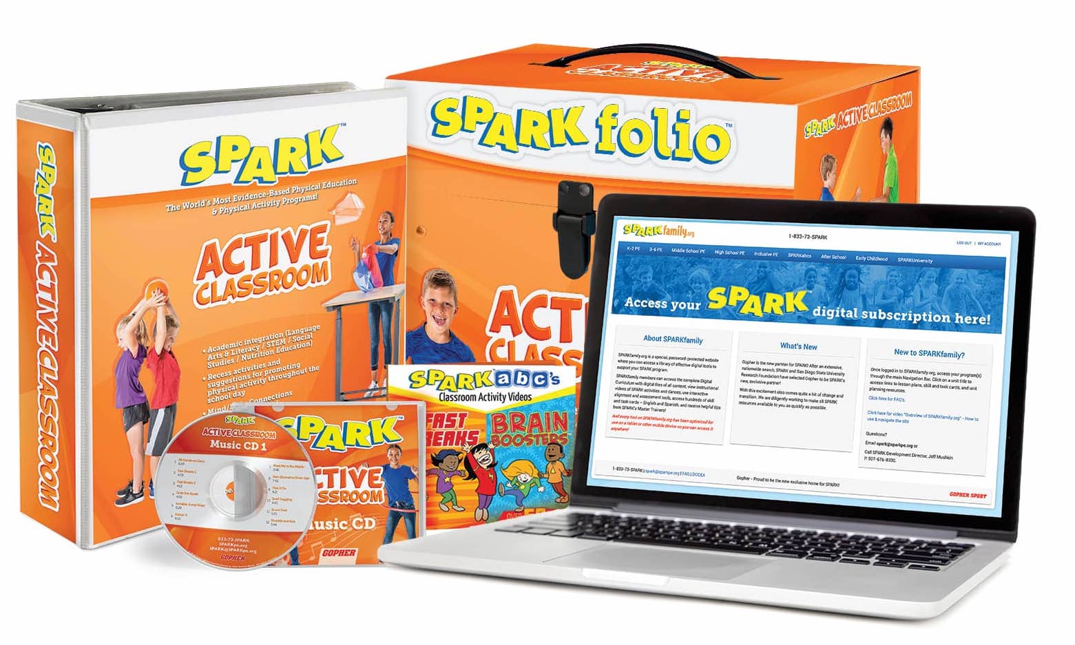 SPARK Early Childhood curriculum includes a digital subscription, SPARKfolio, a printed manual, and music CD. The curriculum set is yellow.