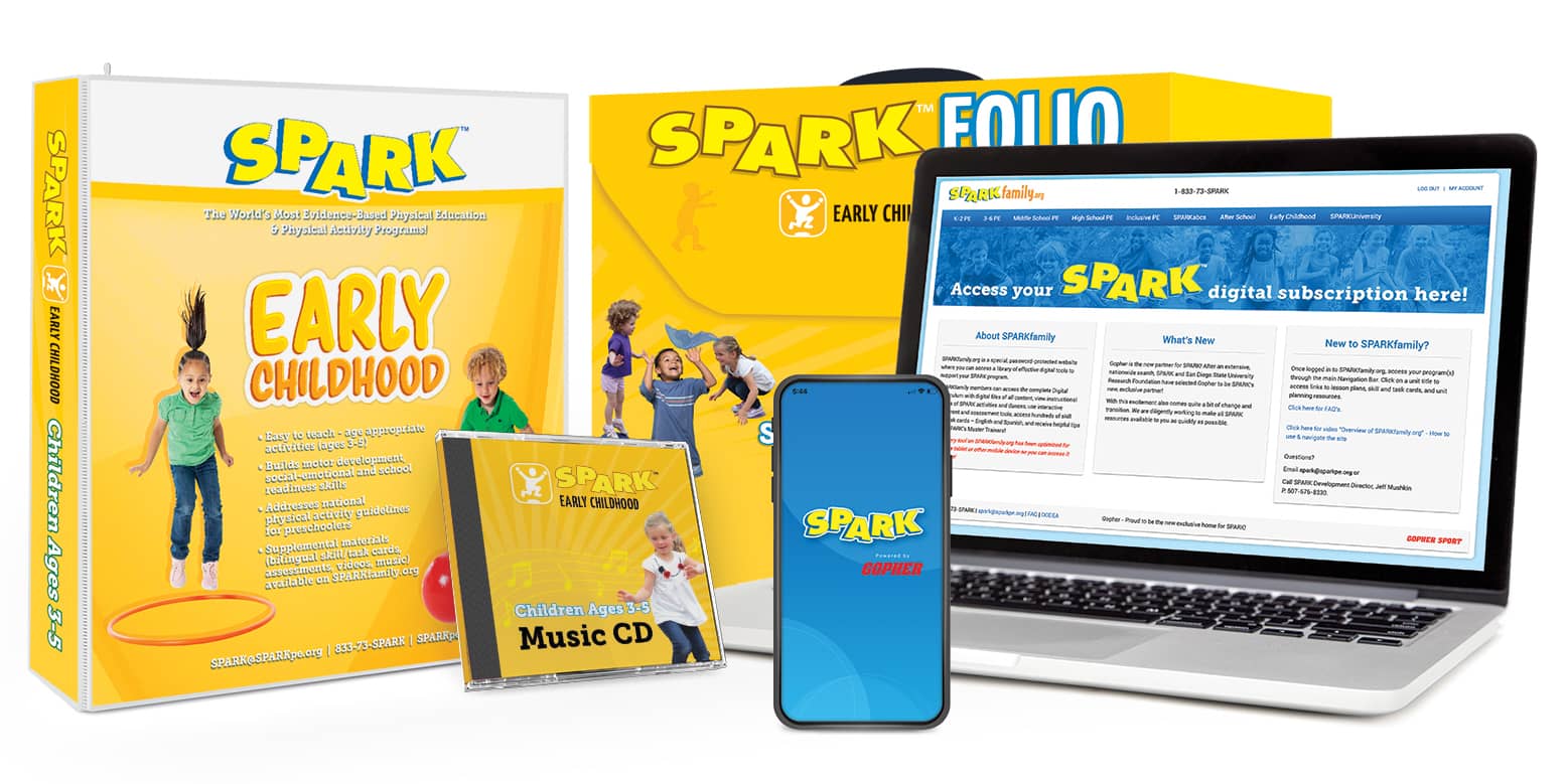 SPARK Early Childhood curriculum includes a digital subscription, SPARKfolio, a printed manual, and music CD. The curriculum set is yellow.