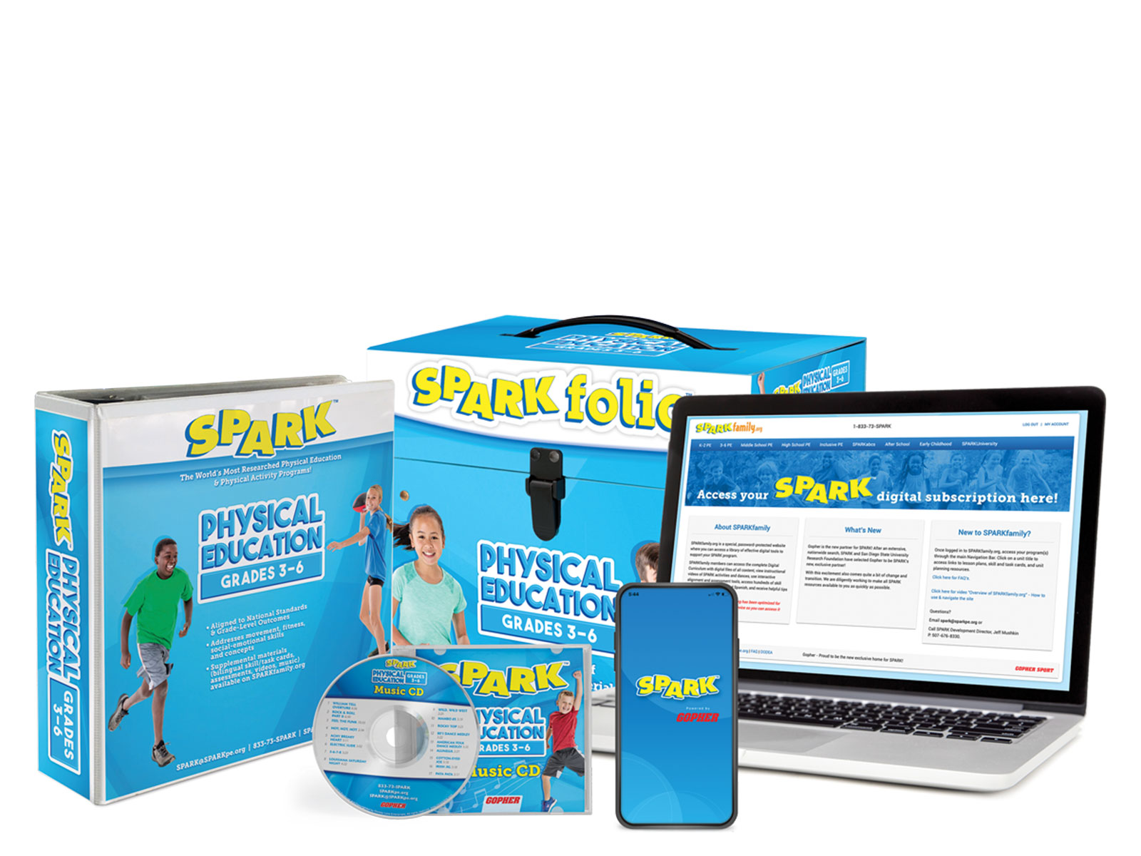 SPARK 3-6 curriculum includes a digital subscription, SPARKfolio, a printed manual, and music CD. The curriculum set is blue.