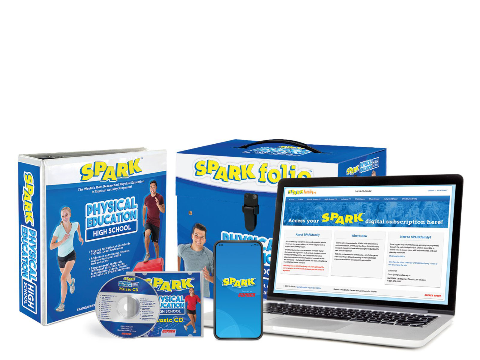 SPARK High School curriculum includes a digital subscription, SPARKfolio, and a printed manual. The curriculum set is navy.