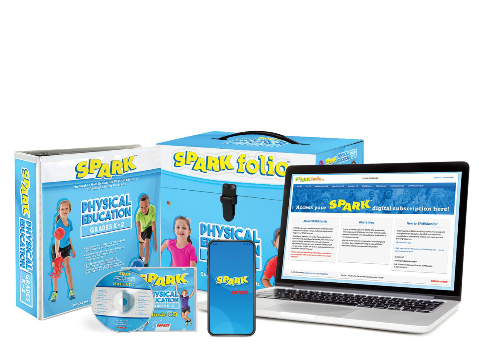 SPARK K-2 curriculum includes a digital subscription, SPARKfolio, a printed manual, and music CD. The curriculum set is light blue.