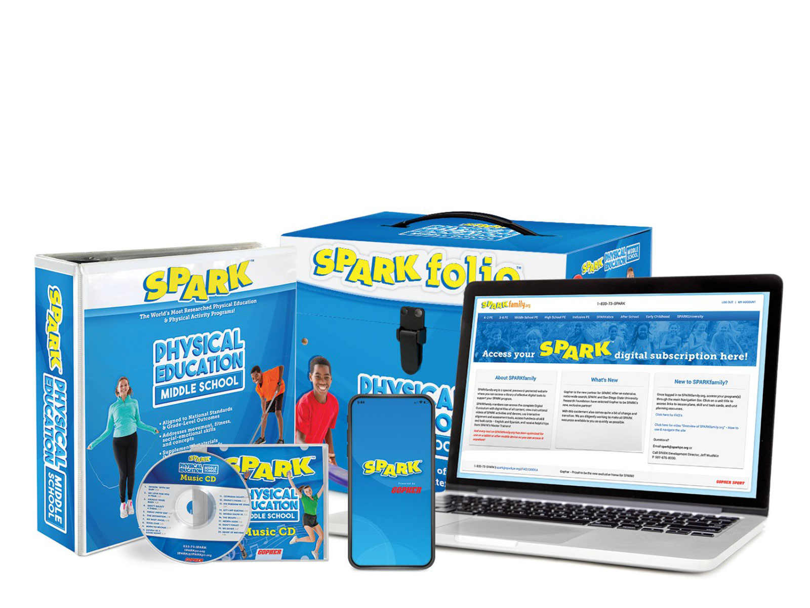 SPARK Middle School curriculum includes a digital subscription, SPARKfolio, a printed manual, and music CD. The curriculum set is dark blue.