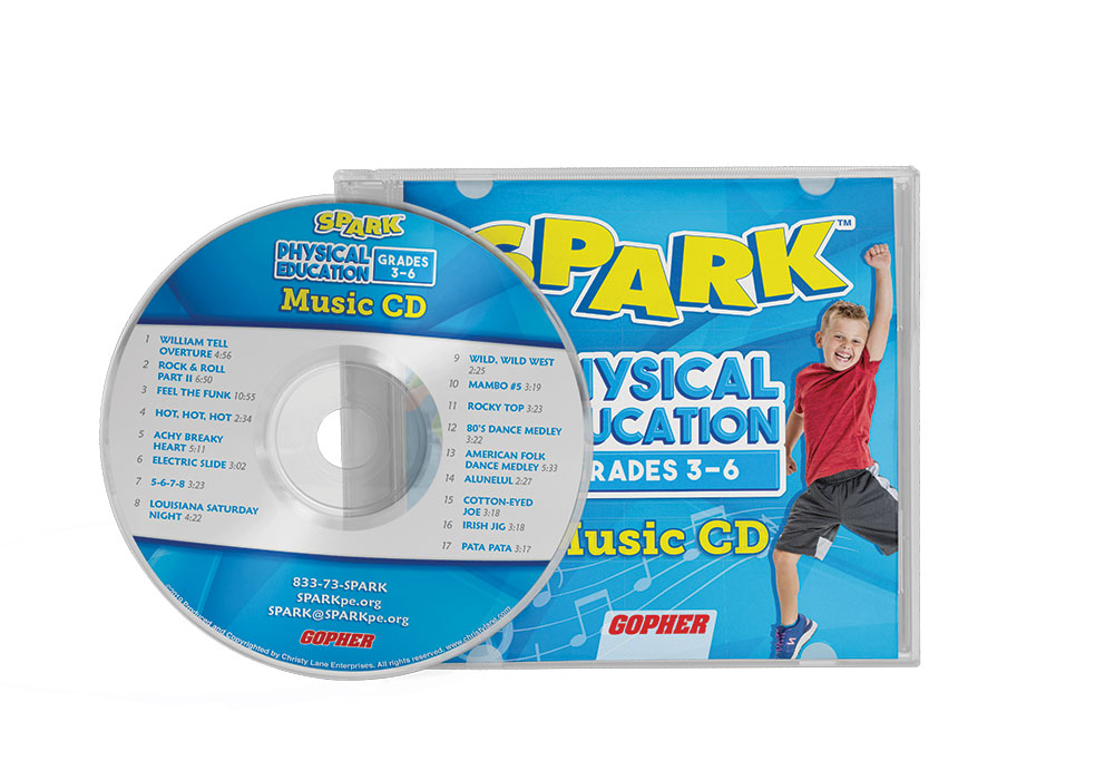 SPARK Physical Education Music CD is pictured with a student dancing on the front.